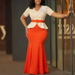 African Elegant Women Two Piece Set V Neck Short Sleeves Tops Appliques Belt Colorblock High Waist Mermaid Skirt Party Outfit
