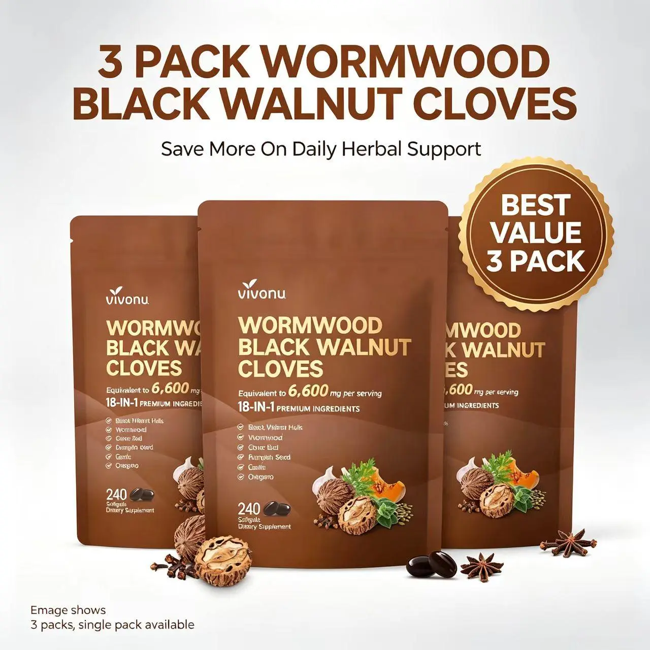 VIVONU Wormwood Black Walnut Cloves Capsules 240 Capsules (80-Day Supply)- Boost Metabolism & Enhance Energy | Contains Black Walnut, Garlic, Wormwood, and More SummerVibes