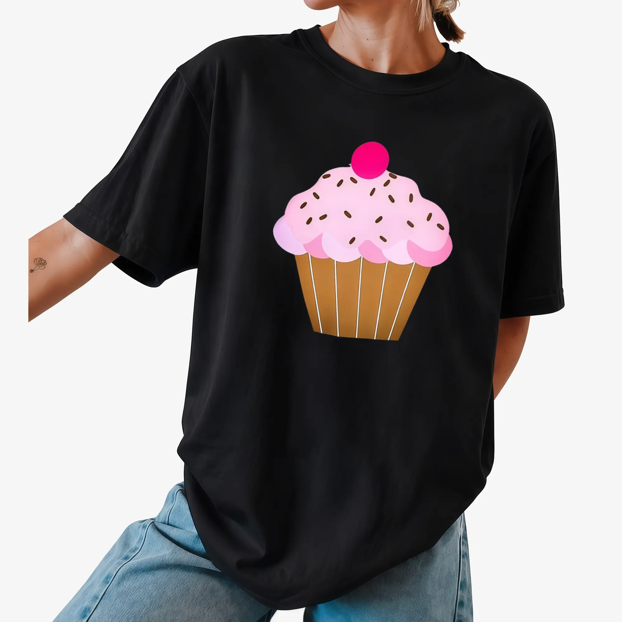 Women'S T-Shirt with Pink Cupcake, Cherry & Sprinkles Graphic for Spring/Summer Wear, Cute Street Style & Everyday Casual-Perfect Gift for Birthday, Dessert Lovers, And Teens