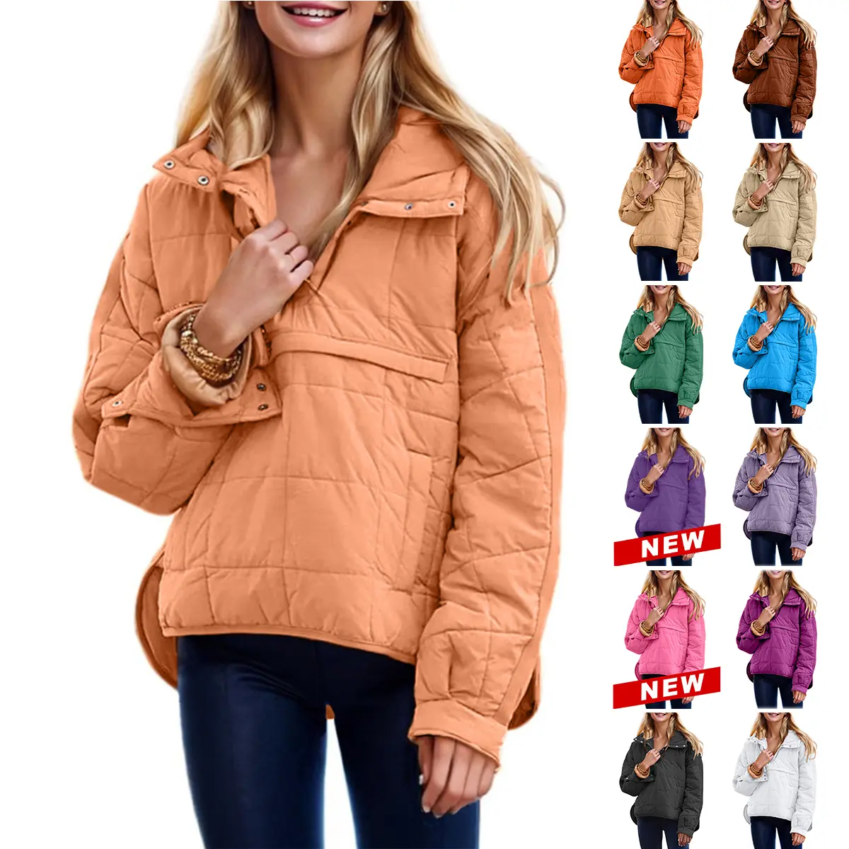 Women's High Neck Minimalist Loose Long Sleeve Polyester Hooded Quilted Puffer Coat - Lightweight Winter Warm Pullover Outerwear with Pocket for Sports & Outdoor Activities, Party, Chic, Preppy, Split, Jackets, Baggy, Oversized, Button, Basics, Chest Pock