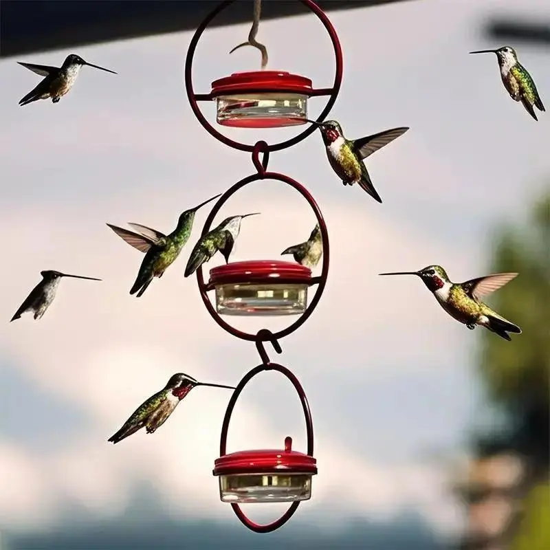 3pcs Metal Hanging Hummingbird Feeder With Red Plastic Bottle, Transparent Design & Perches,Attracts Birds To Garden, Outdoor Use, Hummingbird Feeders For Outdoors Hanging, Bird Feeding Station, Decorative Bird Feeder, Durable Bird Feeder