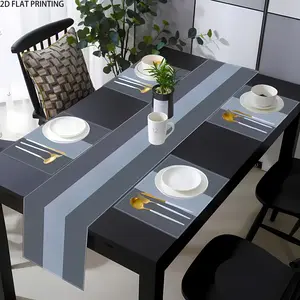 2D flat printing, 1/4/6/8 pieces table flag placemat set, Modern gray and blue stripe design, suitable for Home, restaurant kitchen, coffee shop dining decoration, all season use