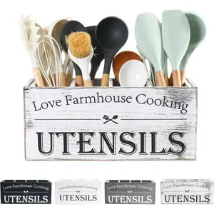 Utensil Holder,Kitchen Utensil Holder For Kitchen Counter, Cooking Spatula Organizer,Farmhouse Wooden Big Storage With 4 Compartments Rustic Flatware Spoon Tool Organizer (Retro White)