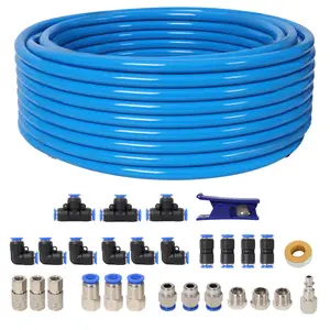 1/2 Inch OD 60FT Blue PU Air Line Kit, Flexible Plastic Steel Air Tubing Set with Quick Connect Fittings, Complete Air Compressor Accessories for Workshop Garage DIY Pneumatic Tools