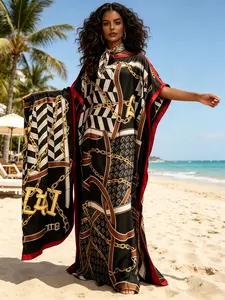 Women's Boho Style Long Robe Set with Scarf, Casual Boho Bohemian Base Edge Equestrian Chain Print, Loose-Fit Bat Sleeve Dress, Mother's Day Gift