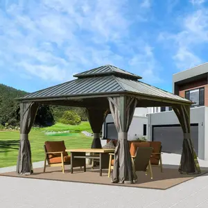 Domi 12’ X 12’ Hardtop Gazebo Canopy with Netting & Curtains, Outdoor Aluminum Gazebo with Galvanized Steel Double Roof for Patio Lawn and Garden