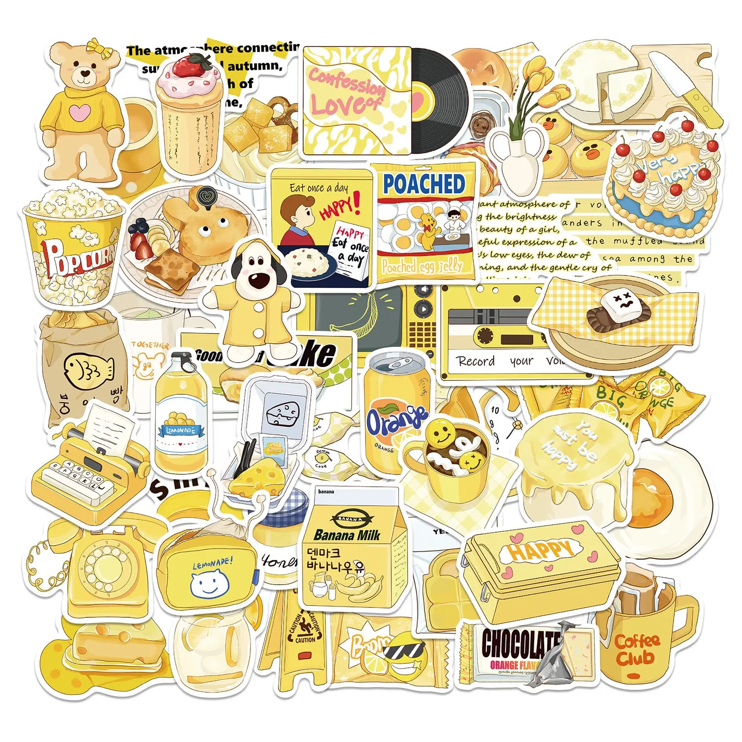 50pcs Yellow Aesthetic Food Stickers Pack, Fun Stickers, Waterproof Vintage Cute Kawaii Decals for Laptop, Water Bottle, Journal & Scrapbook, Cozy Gift