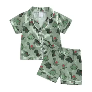 REDWOON Toddler Baby Boy Silk Pajamas Dinosaur Satin Pajamas Set Short Sleeve Button-Up Top Shorts 2PC PJs