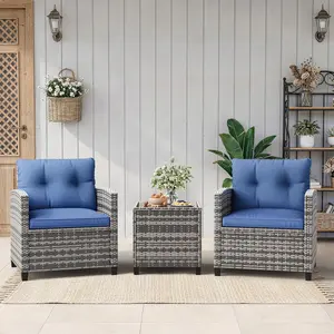 Outdoor Wicker Chairs,3 Pieces Patio Furniture Set,All Weather High Back Rattan Chairs w/Washable Cushion and Tempered Glass Tabletop for Deck Porch Balcony Backyard Garden,Gray & Blue