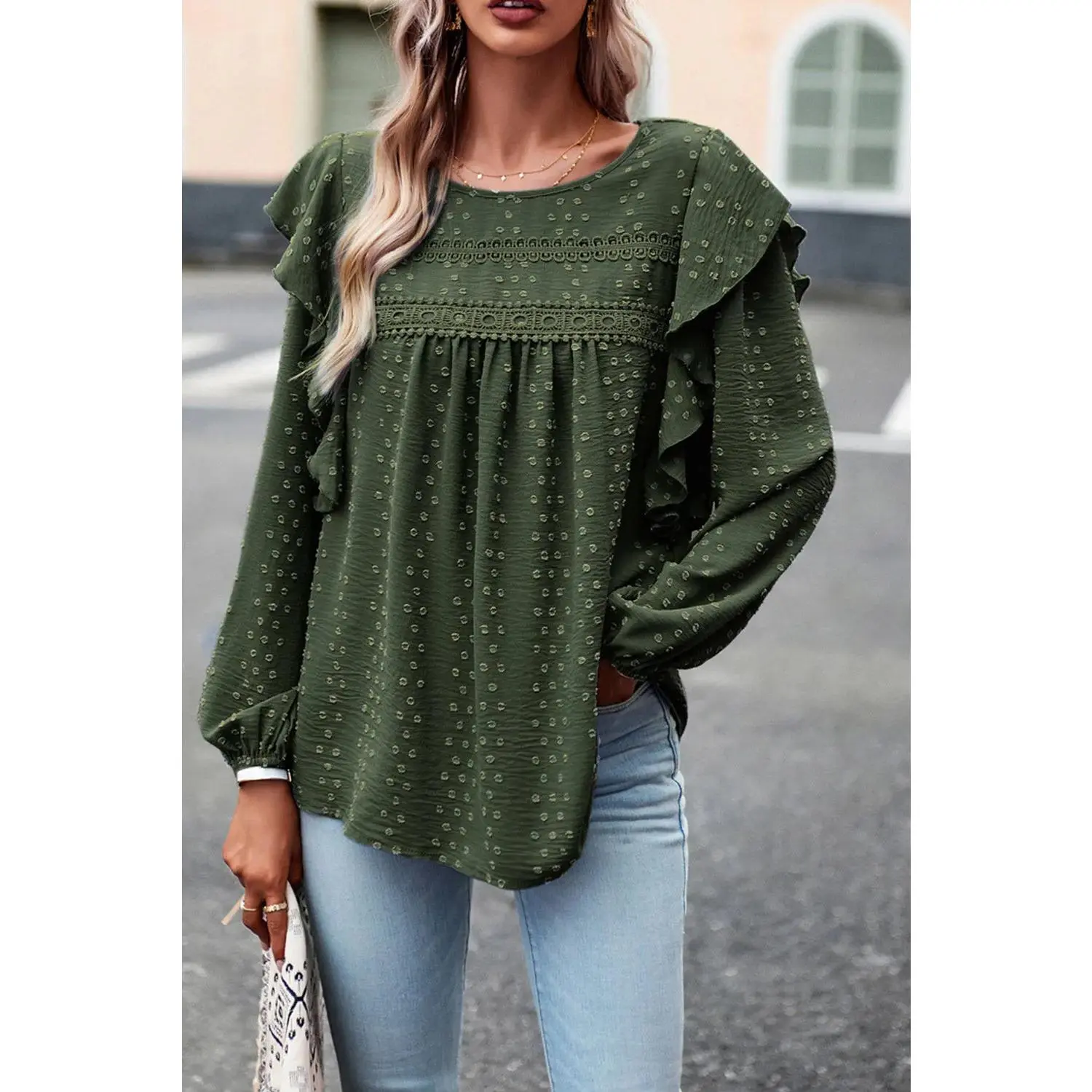 Eyelet Ruffle Long Sleeve Blouse