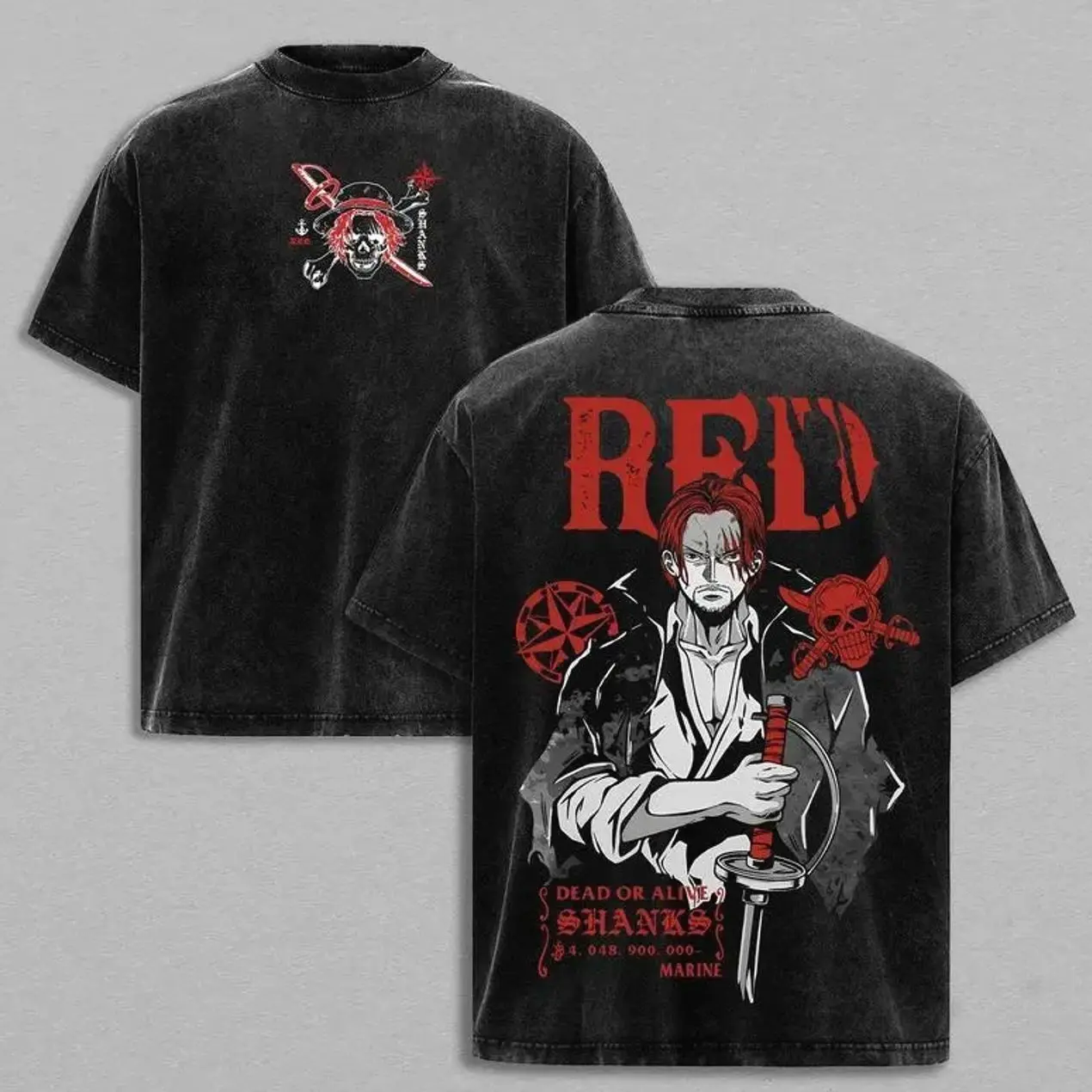 Shanks Red One Piece Y2K Grunge Vintage Washed T-Shirt, Oversized Pirate Emperor Anime Clothing Tee, Heavy Cotton Retro Streetwear Shirt Gym Pump Cover Graphic Top, Gift for One Piece Fans 5BV