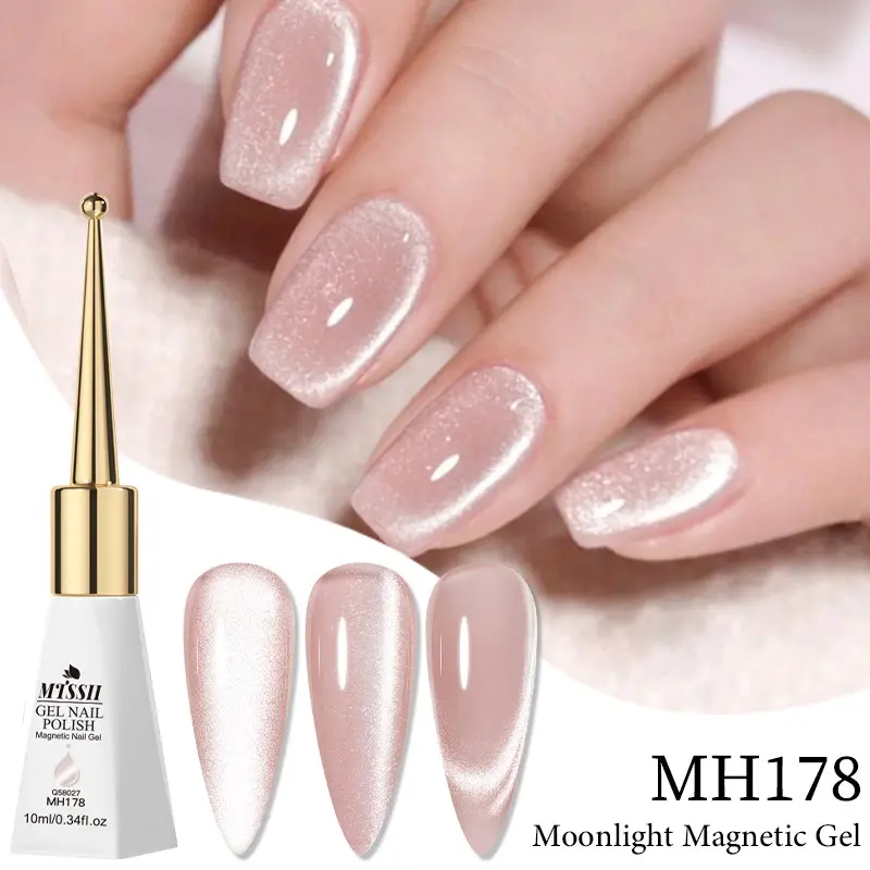 Mtssii Pink Moonlight Magnetic Gel Nail Polish, 10ML Pink Silvery Porcelain Durable Sparkling Glitter Nail Art Gel Varnish Cat Eye Effect Semi Permanent Sequin, Alcohol Free Formula, Home Salon Quality Manicure, Nail Products