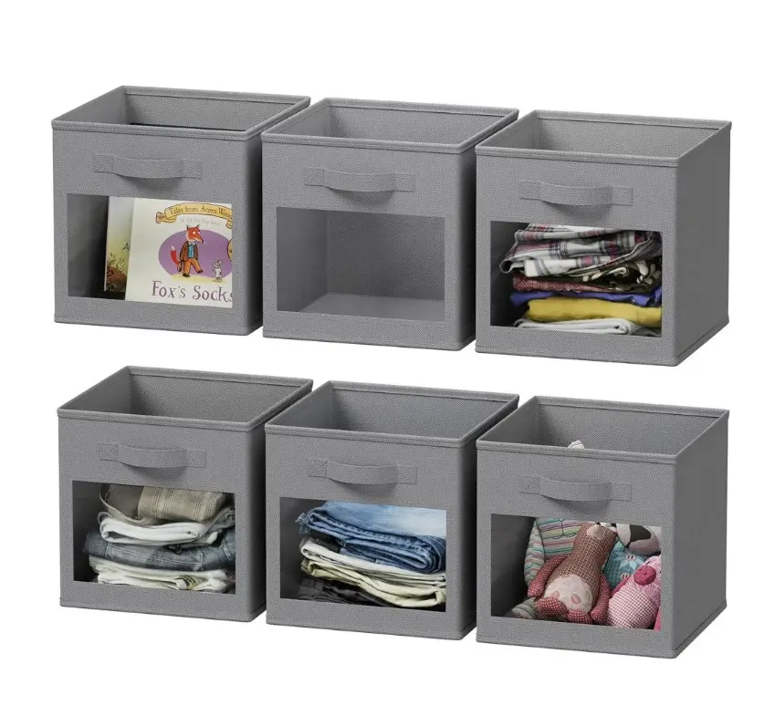 SpaceAid Storage Cubes with Clear Windows, Set of 6 Fabric Bins, 11 Inch, Gray
