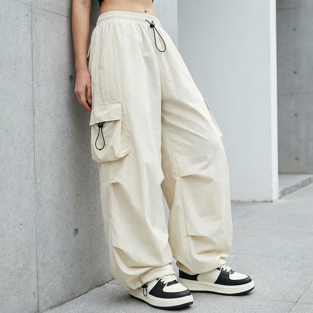 Womens Baggy Cargo Pants Y2K Parachute Pants High Waisted Wide Leg Streetwear Lightweight Breathable Drawstring Pocket Trousers for Travel Gym Coffee Daily Outfit Viral TikTok Outfit Inspo Casual Street Style Loose Fit Summer Spring Fashion
