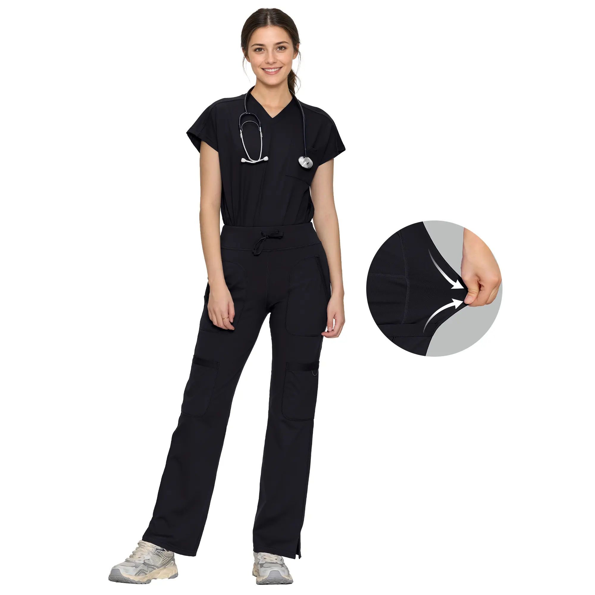 COZYSCRUBS Women's Yoga Scrubs Set Workwear Uniforms - V-Neck Batwing Sleeve Knit Top & Straight Leg Pants with 6 Pockets, Breathable Spandex-Nylon Fabric for Summer Vibes, Essential