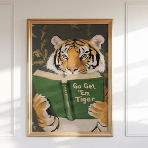 Motivational Tiger Reading Poster – Funny Bookworm Wall Art for Library, Office, or Study Room, Quirky Animal Reading Print, 5 Size, 8x12 to 27x40 inch, Room Decor, Unframed
