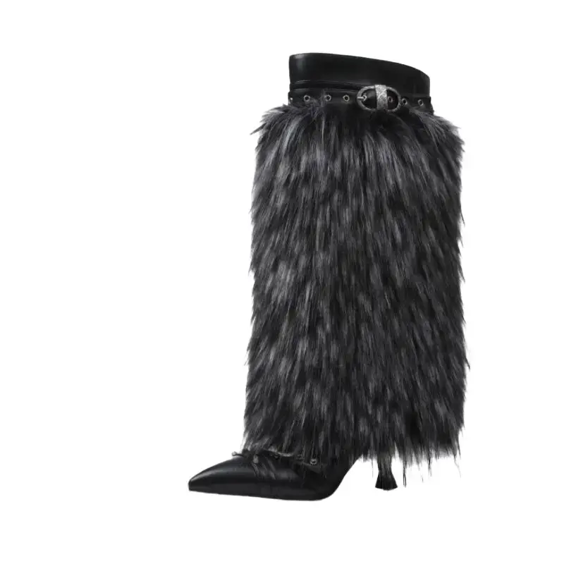 Women's Black Faux Fur Knee-High Stiletto Heel Boots - Winter Party Wear, Holiday Statement Footwear, Faux Fur Boot