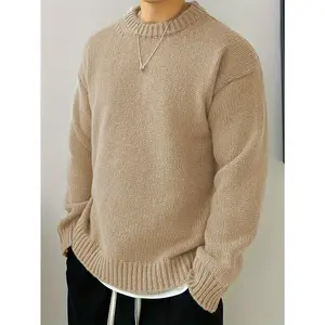 Mens Cozy Solid Knitted Crew Neck Pullover Sweater - Soft Slight Stretch Polyester Fabric, Regular Fit, Casual Style for Fall and Winter Seasons - Long Sleeve, No Sheer, Easy Wear