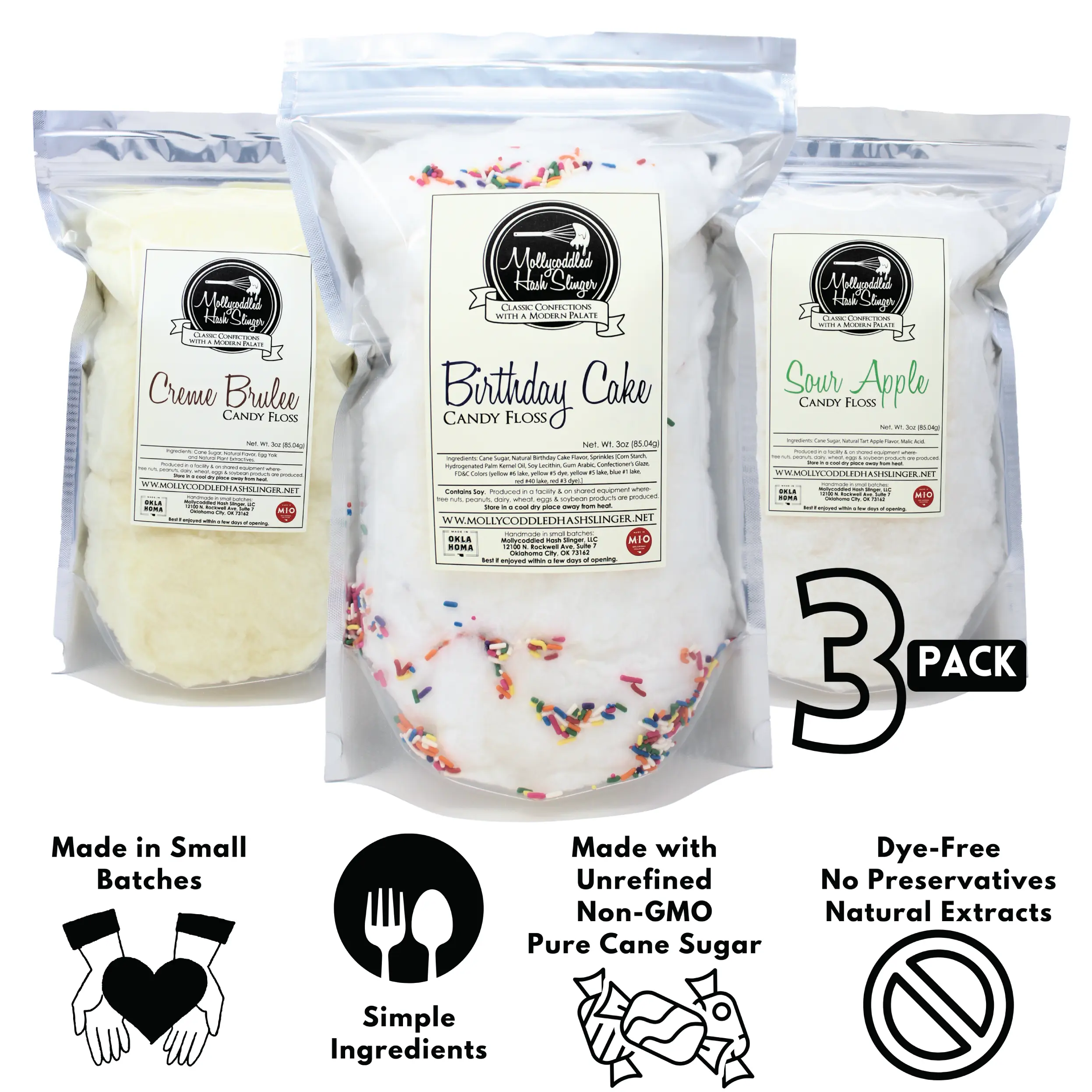 Mollycoddled Hash Slinger - 3 Pack Cotton Candy - 3oz bags - Hand Spun Cotton Candy – Creme Brulee - Sour Apple - Birthday Cake - Natural Flavors – Unrefined Sugar – Dye Free  Candy – Candy – Gluten Friendly Candy – Sweets – Snack
