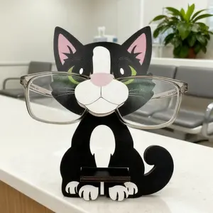 Environmentally friendly wooden cat glasses display rack - cute black and white cat design, easy to assemble glasses storage rack, suitable for home, office or gift giving, fun design, creative decoration, Display Riser