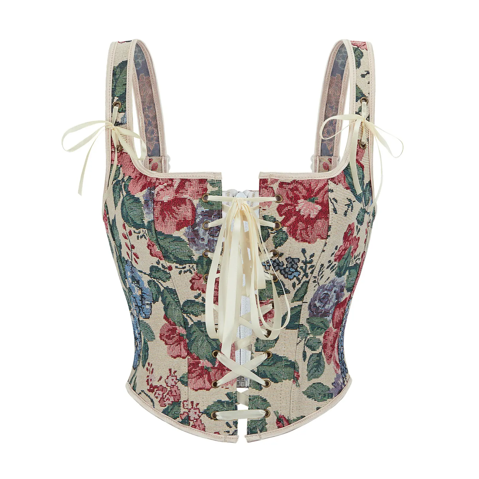Women's Vintage Renaissance Lace-Up Bustier Corset Top - Floral Print, Halter Neck Straps, Witch Fairy Halloween Cosplay Costumes, Plus Size, Elegant Casual Wear (Black, Blue)