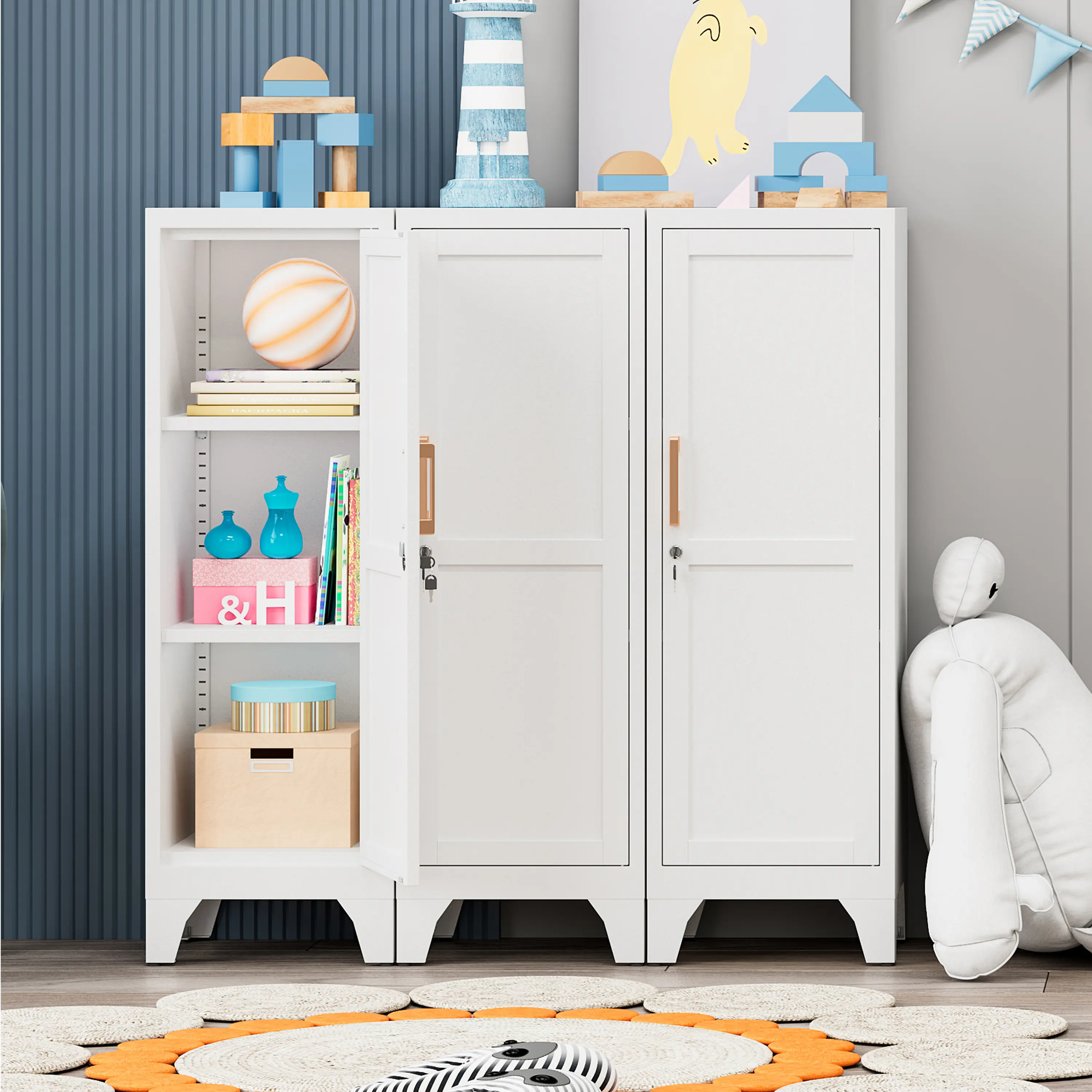 LONGLINK All Steel Metal Storage Cabinet (46 in) - 165lbs Capacity, Detachable Legs, Magnetic Quiet Door, Anti-Tip, Non-Woven Fabric Cover, Space Saving Furniture, Compact Cabinet, Kid-Safe Child-Friendly Living Room Pantry Cupboard, All Steel Cabinets