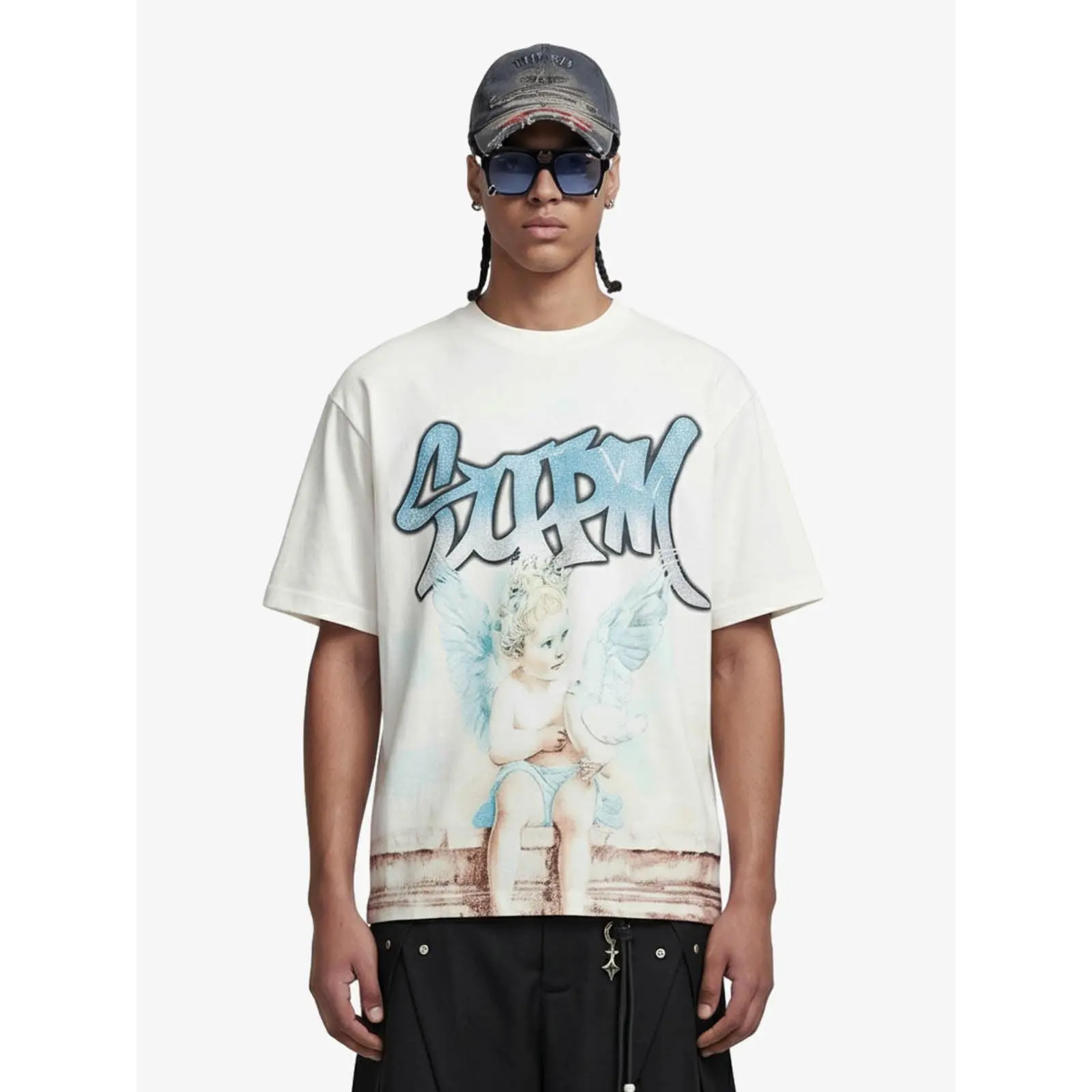 Supermade Men's Streetwear T-Shirt with Layered Striped Sleeves and Retro Rhinestone Peace Dove Angel Graphic Top, Menswear, Tshirt, Print, Casual, Rhinestone Details Men's Short-Sleeve T-Shirts, Round Neck, Layered Look