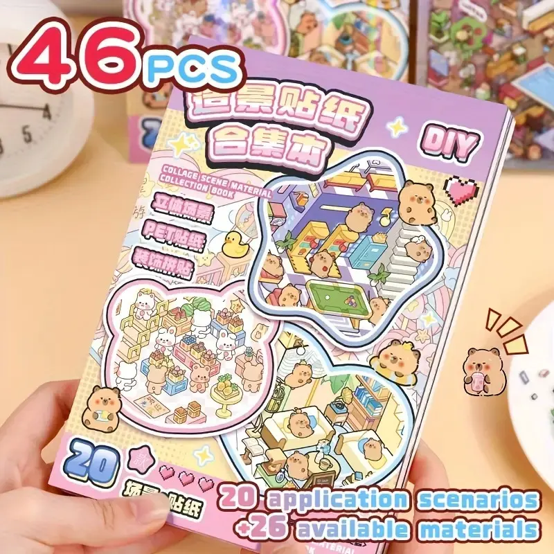 Lovely Gift DIY 3D Sticker Scene Collection Book for Stress Relief - 96 PCS 40 Sets of Make Your Own Mini Shop Scenes Stickers for Girls Kids Adult Sticker Therapy Cute Animal Stickers for Birthday with Tweezers