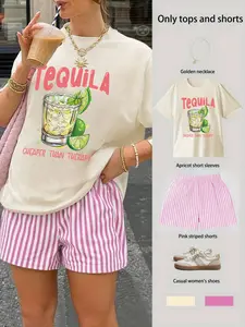 Women's Casual Home Wear Set, Tequila Print Round Neck T-Shirt + Striped Shorts, Fashionable Loose-Fit Style for All Seasons, Womenswear, Clothes, Lady
