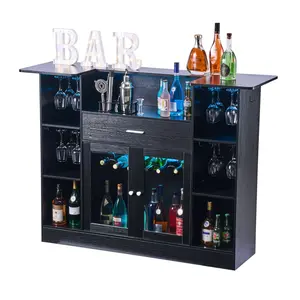Home Bar Unit, Four-Tier Wine Cabinet With Storage Drawers, Glass Holder, Bottle Rack, LED Lighting, Wood And Metal Liquor Cabinet For Home, Basement, Kitchen, Living Room, And Entertainment Area, Black