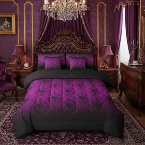 Purple Black Damask Comforter Bed Set with Sheets,Gradient Victorian Bedding Set,Adults Gothic Bohemian 7Pcs Bed Bag,Vintage Damask Bed Set