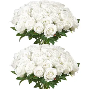 60 Pieces White Artificial Roses Set - Realistic Bouquet for Christmas Holiday Decor, Elegant Home Decor, Wedding Centerpieces, Indoor Floral Arrangement, Craft Projects, Long-Lasting Silk Roses for Seasonal Decor