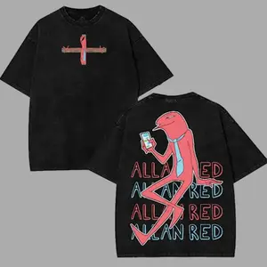 Smiling Friends Allan Red Unisex Washed shirt , Cartoon Double Printed Vintage Washed Tee Cotton T-shirt Fabric Menswear Top Collar 253