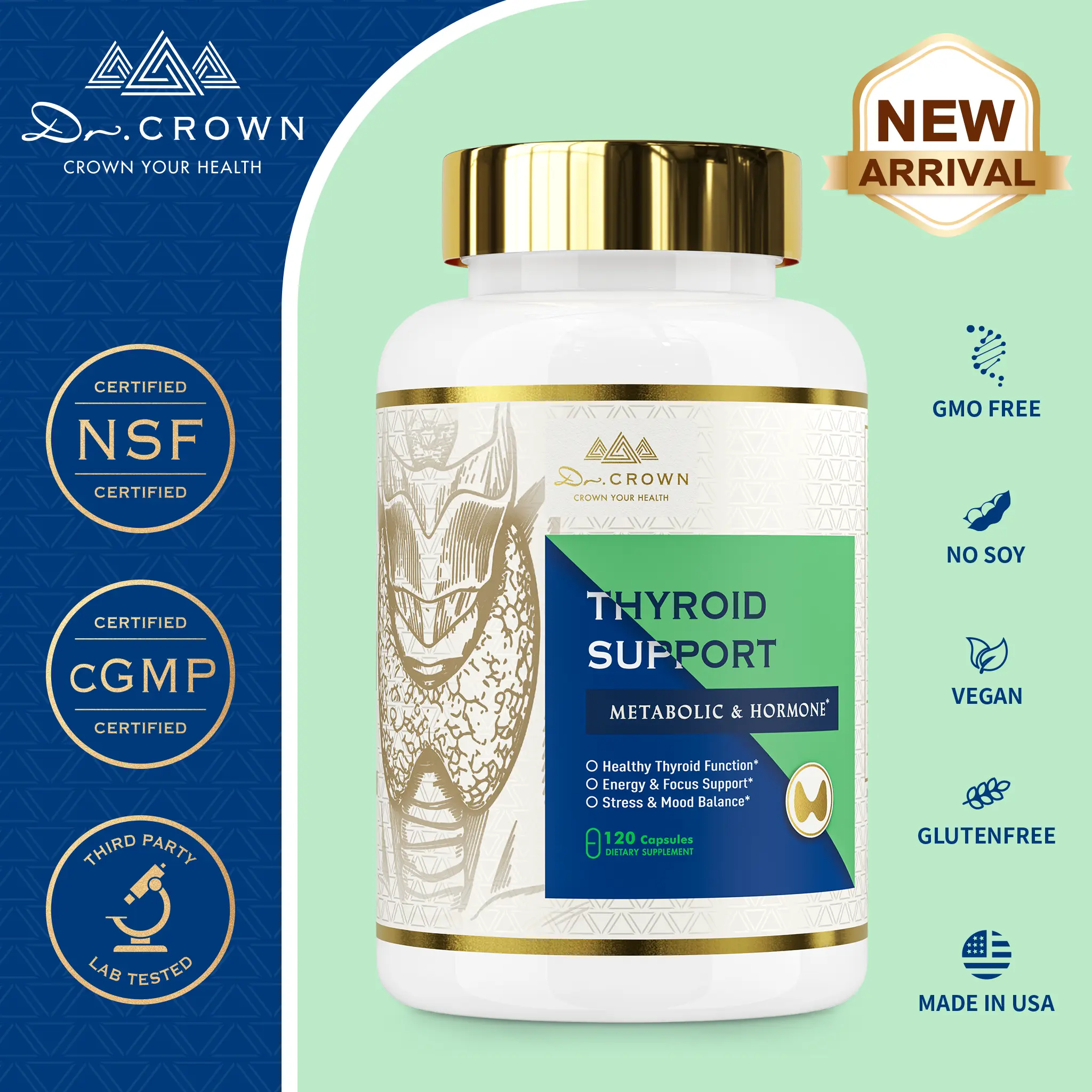 Dr. CROWN Thyroid Support Supplement for Metabolism & Energy with Iodine, Zinc, Selenium, L-Tyrosine & Ashwagandha - 120 Capsules