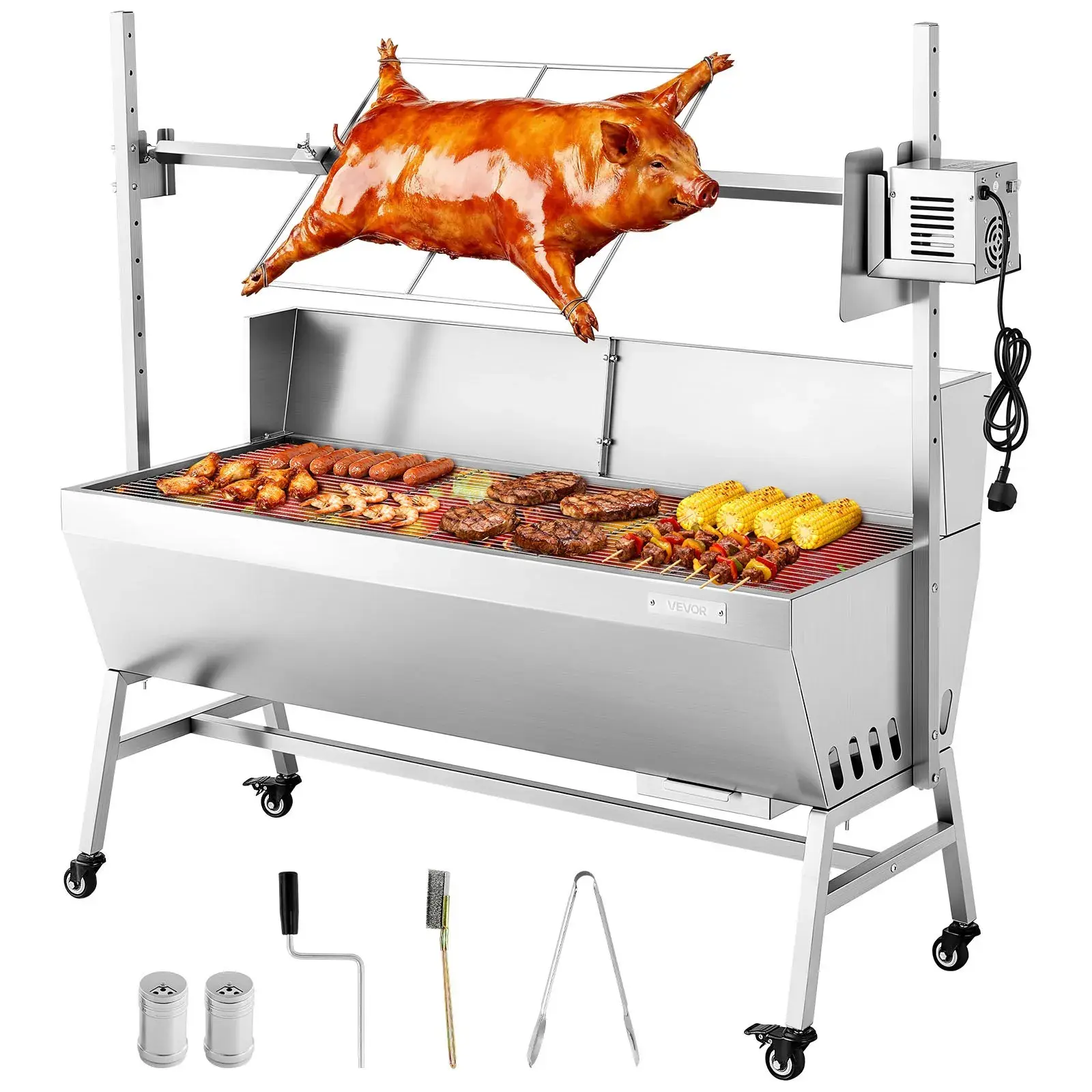 VEVOR Rotisserie Grill, 38W BBQ Outdoor Pig & Lamb Spit Roaster, Charcoal Spit Roaster with 132 LBS Capacity, Wheels & 4-Level Height, Stainless Steel Electric Rotisserie Grill Kit for Camping Outdoor