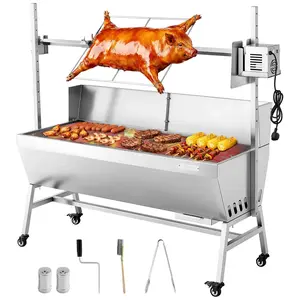VEVOR Rotisserie Grill, 38W BBQ Outdoor Pig & Lamb Spit Roaster, Charcoal Spit Roaster with 132 LBS Capacity, Wheels & 4-Level Height, Stainless Steel Electric Rotisserie Grill Kit for Camping Outdoor