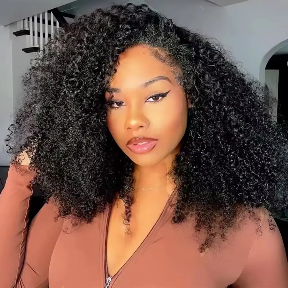 180% Density Half Wig Ready to Wear Kinky Curly Human Hair Wigs 3 In 1 Half Wig Invisible Hairline With Drawstring No Lace Seamless Flip Over Wig Beginner Friendly