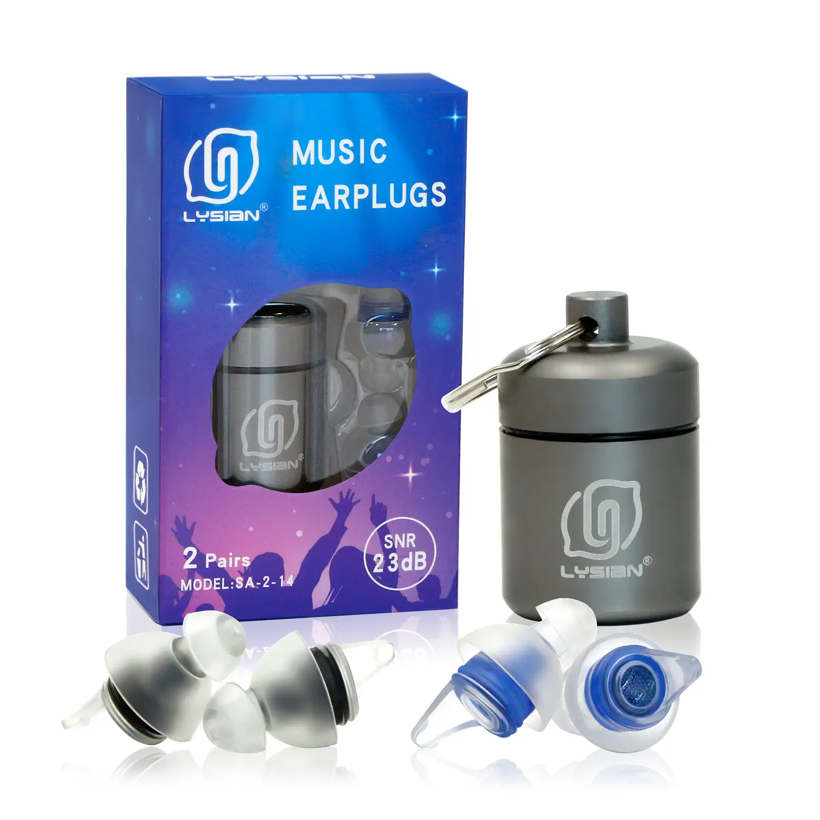 LYSIAN High-Fidelity Reusable Earplugs - 2 Pairs in Silver Default Box, 23dB SNR Sound Isolation, Waterproof Washable Non-Toxic Hearing Protection for Musicians, Secure Fit