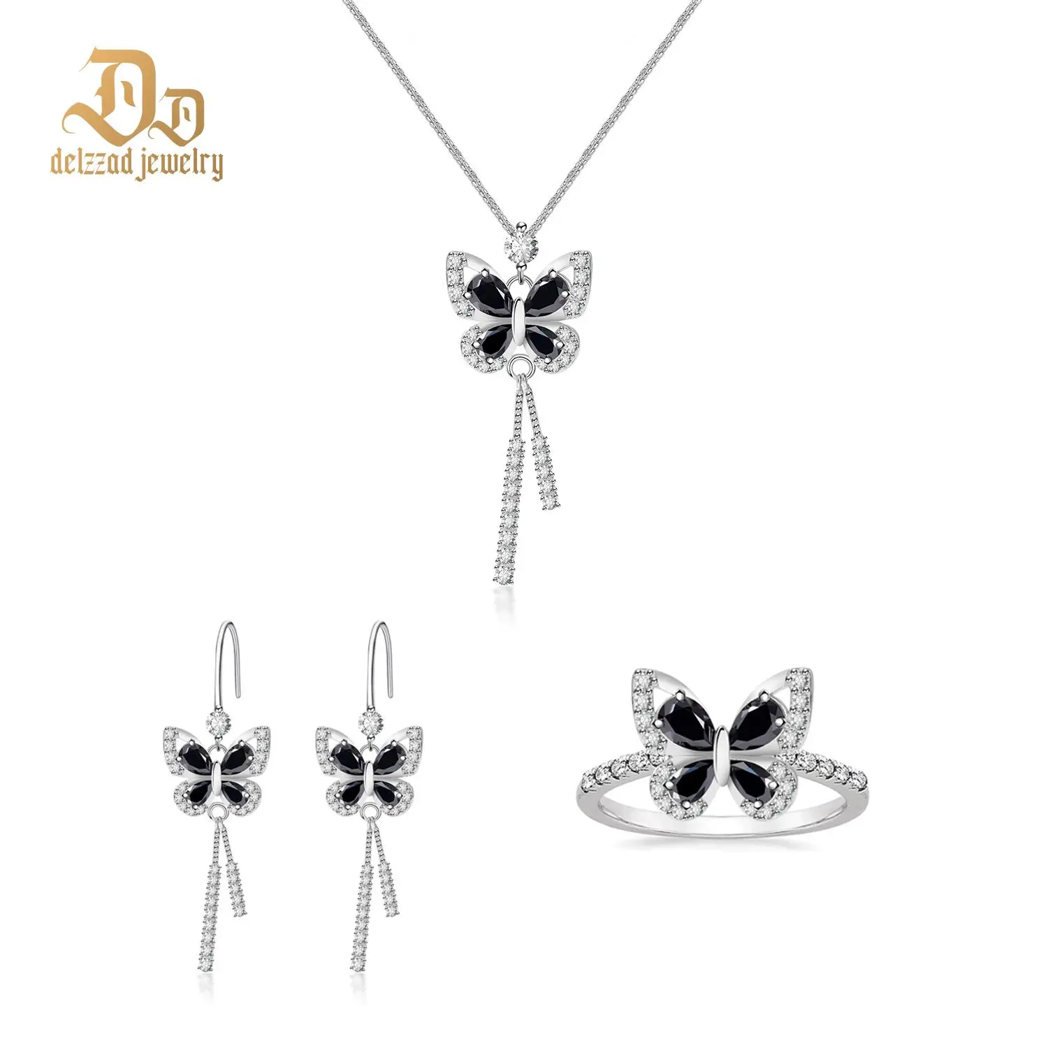 Delzzad Ethereal Wings Butterfly Set Synthetic Moissanite Dangle Earrings Necklace Ring Band S925 Jewelry Set Perfect Engagement Wedding Anniversary Christmas Gifts Luxurious Black Set Crystal Set