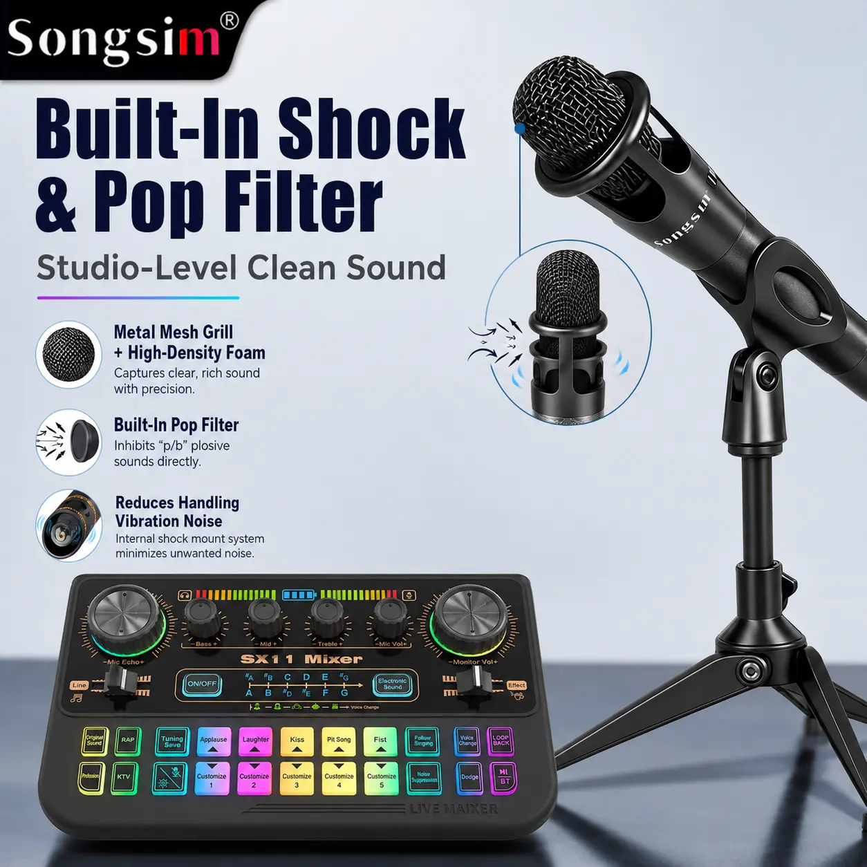 Songsim SX11 Live Streaming Audio Mixer Bundle with 2 Dynamic Microphones & Tripod Stands, USB-C OTG, Bluetooth, Noise Suppression, Loopback, Voice Effects, Real-Time Monitoring for Podcast, Karaoke, Recording & Streaming