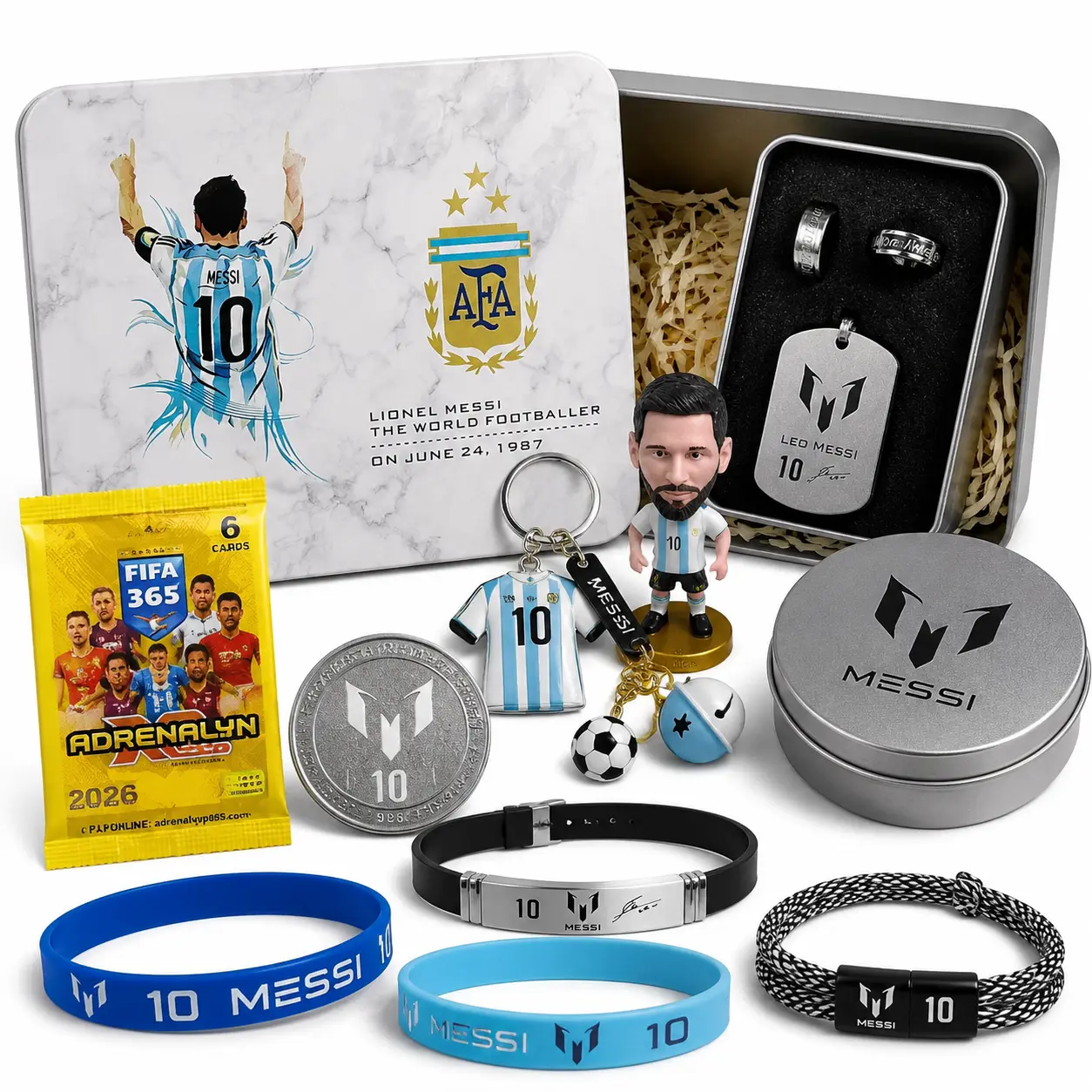 LM10 Soccer Fans Ultimate Gift Bundle (1 Keepsake Box + 1 Keychain + 1 Figure + 1 Necklace + 2 Rings + 1 Commemorative Coin + 5 Wristbands) - Premium Inter Miami Argentina No.10 Souvenir Set