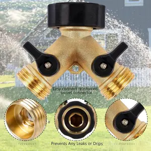 Garden Hose Splitter 2 Way, Heavy Duty Brass Connector Tap Splitter, Y Splitter 2 Valves with 2 Extra Rubber Washers