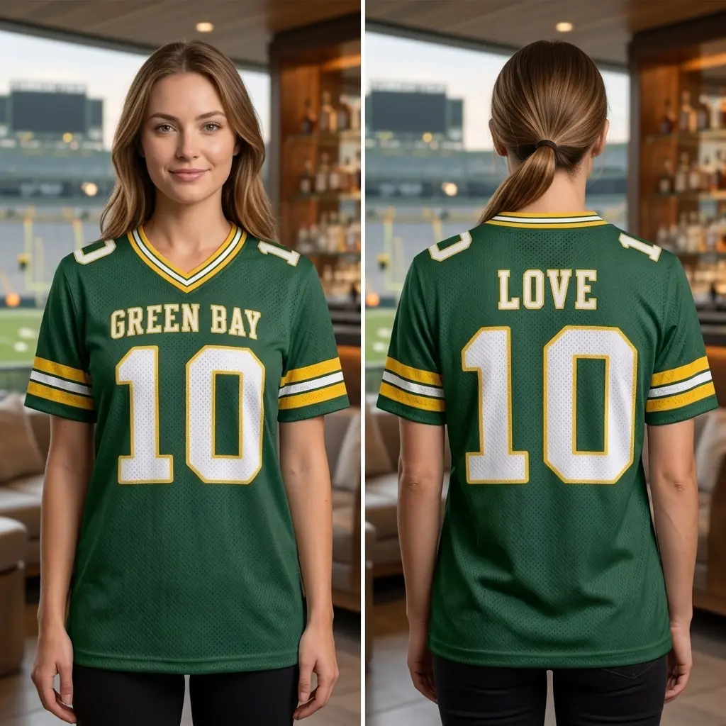 Love Green Bay Football Jersey, Cheesehead Classic Green Mesh Breathable Fabric with Yellow Accents #10, Perfect Gift for Football Fan