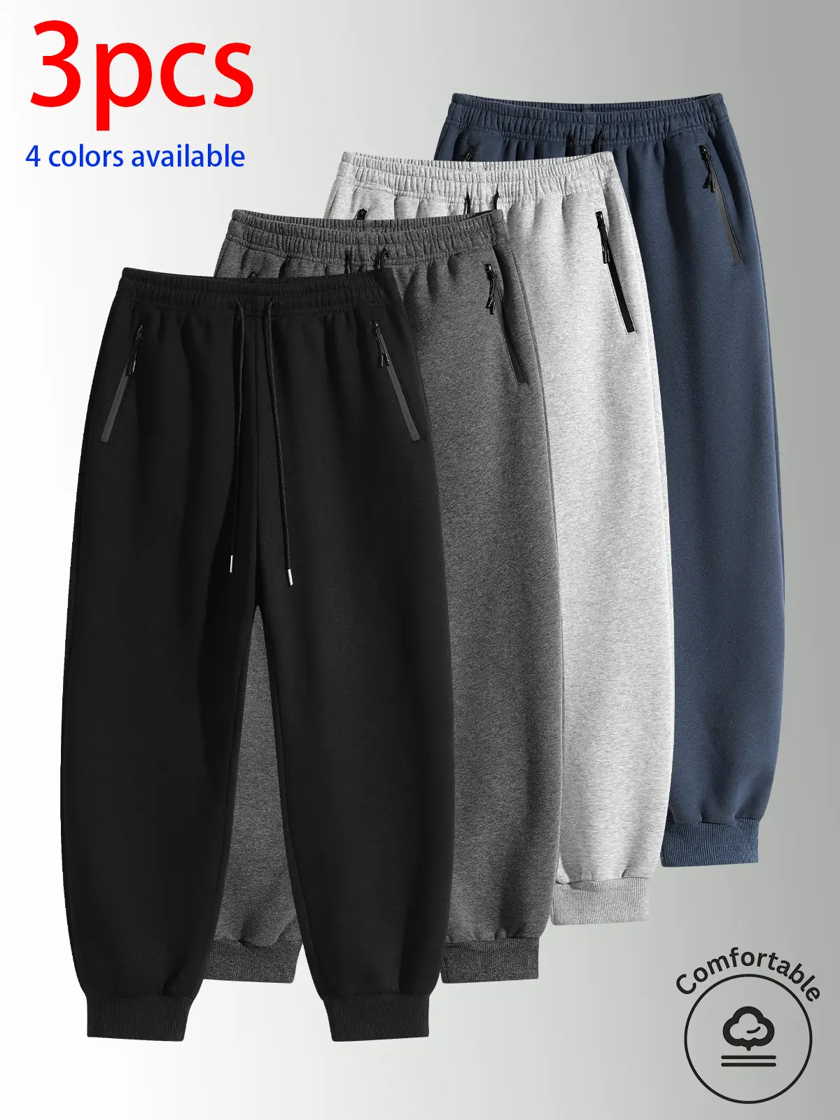3-pack: men's long pants, men's casual long pants, men's jogger pants.Solid-color loose jogger sweatpants with side zipper pockets to prevent items from slipping out; elastic waistband with adjustable drawstring, and a windproof hem; suitable for everyday