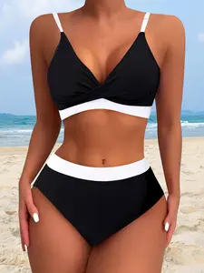 Women's Colorblock Print Bikini Set, Casual Fashion Chic Swimsuit Set for Beach Holiday Vacation, Ladies Summer Clothes