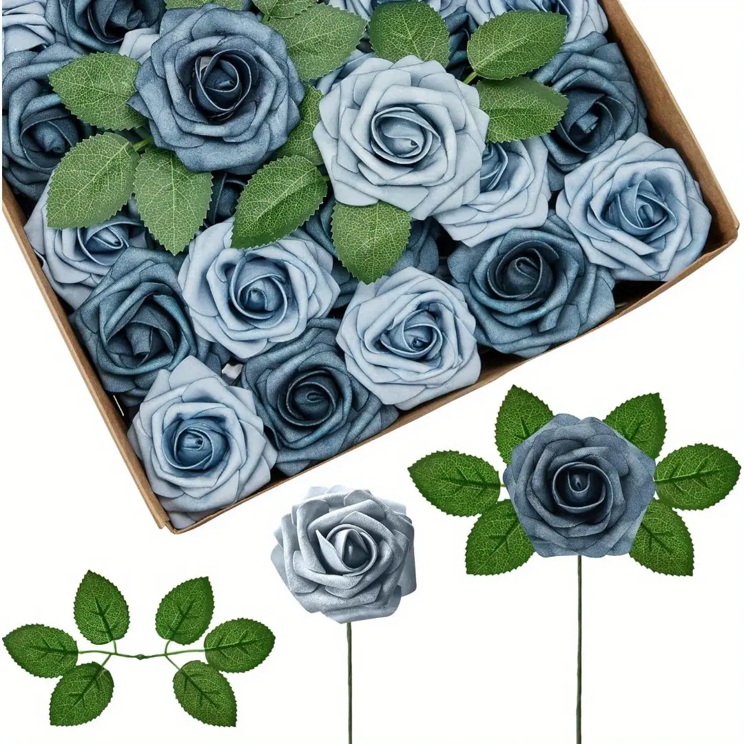 25pcs Dusty Blue Navy Roses Artificial Roses Foam Flowers, Artificial Flowers Fake Roses for Decoration Wedding Bouquets Centerpieces Bridal Shower Party Valentine'S Day Christmas Xmas