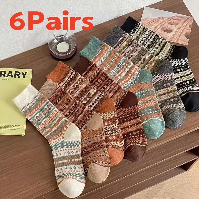 6 Pairs Lightweight Nordic Crew Socks| Breathable Summer AC Room Lounge Socks, Vintage Boho Knit Socks for Sandals Sneakers Size 6-10