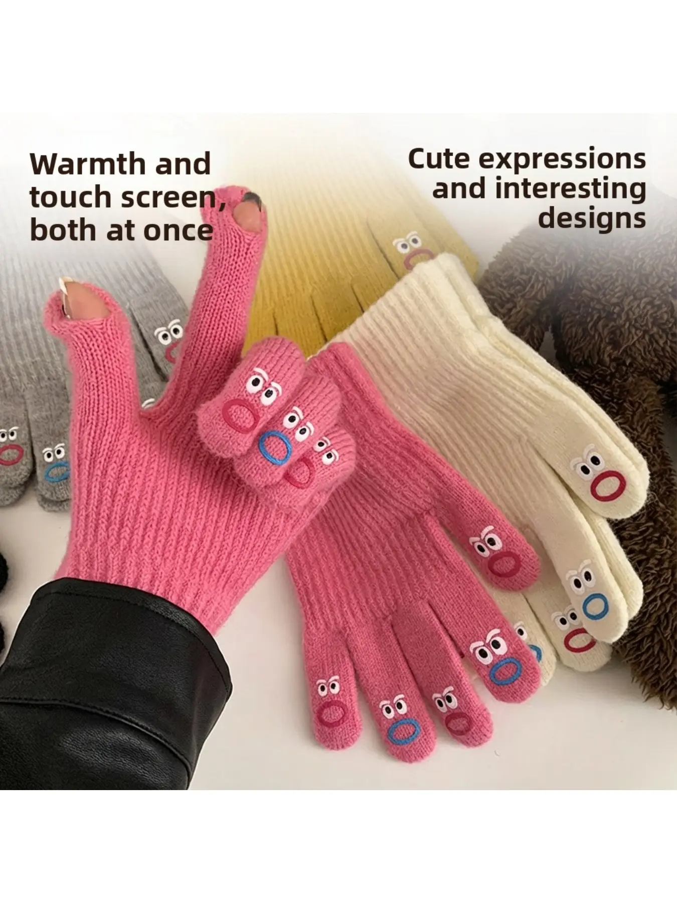 Touch screen gloves women's winter knitted woolen gloves cycling warm finger thickened ugly expression Korean version