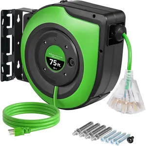 Retractable Cord Reel, 75 FT Heavy Duty Extension Cord, 14AWG/3C SJTOW, 3 Grounded Outlets Lighted Triple Tap, 10A Circuit Breaker, Wall/Ceiling Mounted, UL Listed, Green J75CR06