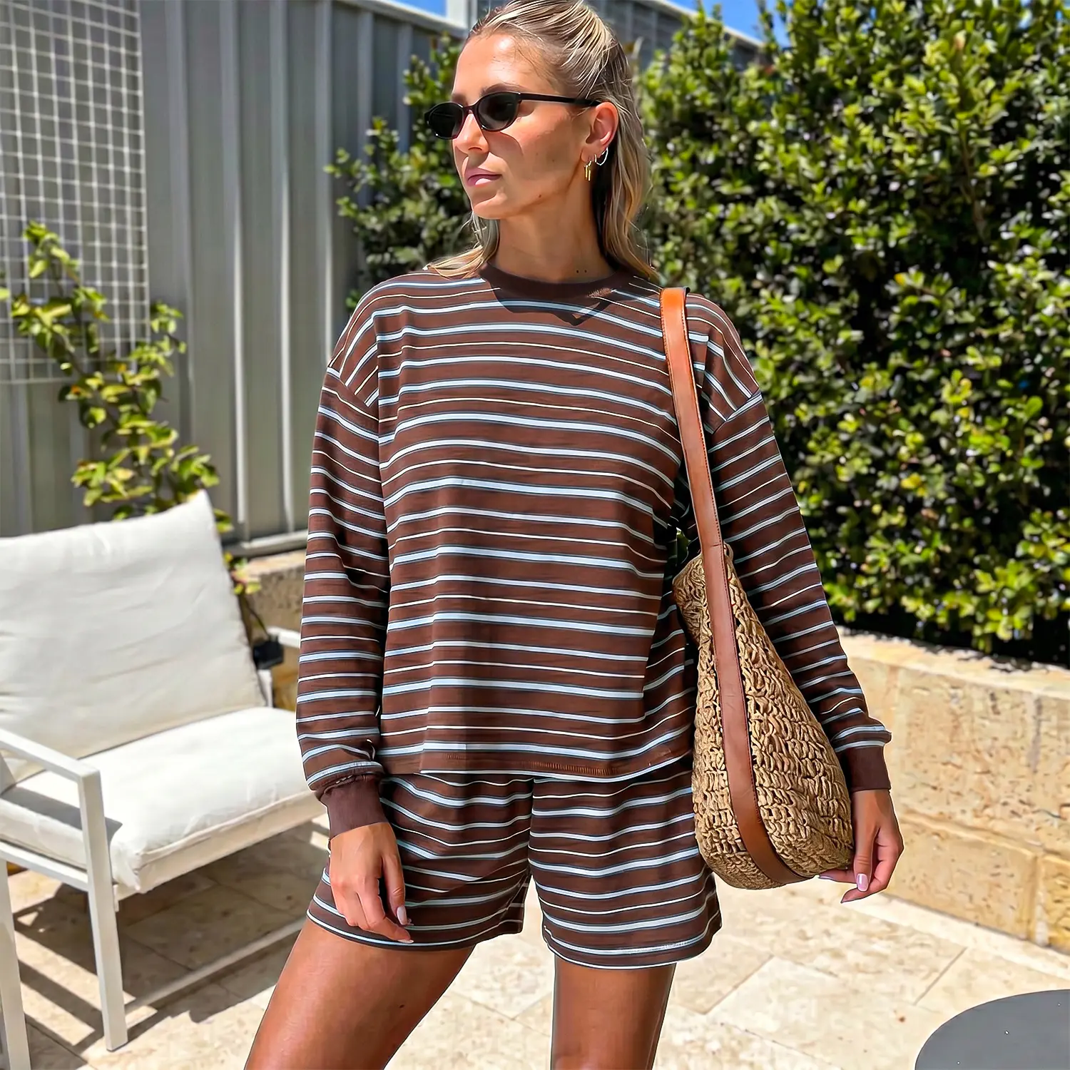 Chicovar Women's Striped Lounge Set, Oversized Long Sleeve Crewneck Top and Shorts Matching Set, Casual Relaxed Fit Two Piece Outfit, Comfy Everyday Loungewear #sohochic
